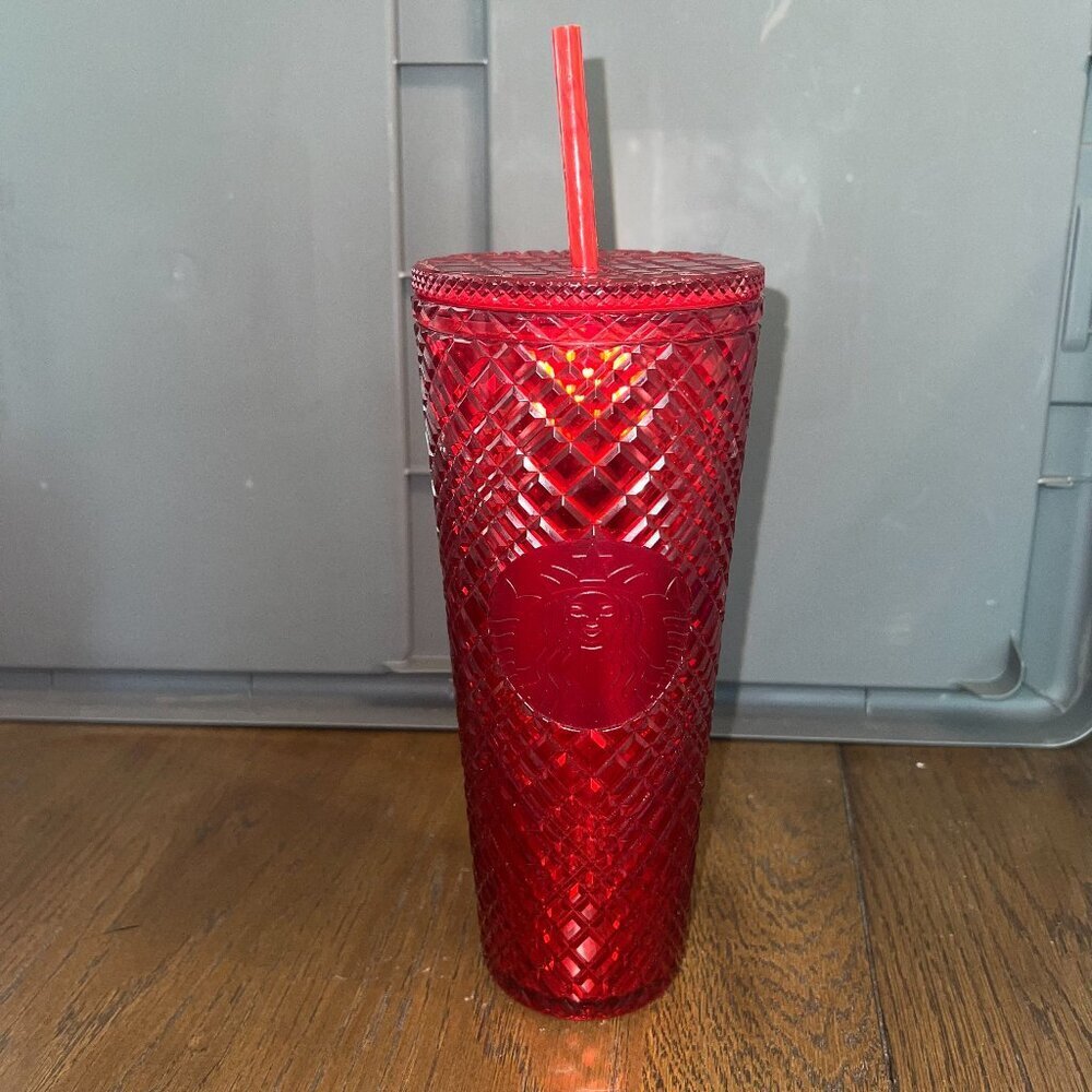 Starbucks Acrylic 2021 Winter Holiday Red Jeweled Tumbler Cold Cup 24oz